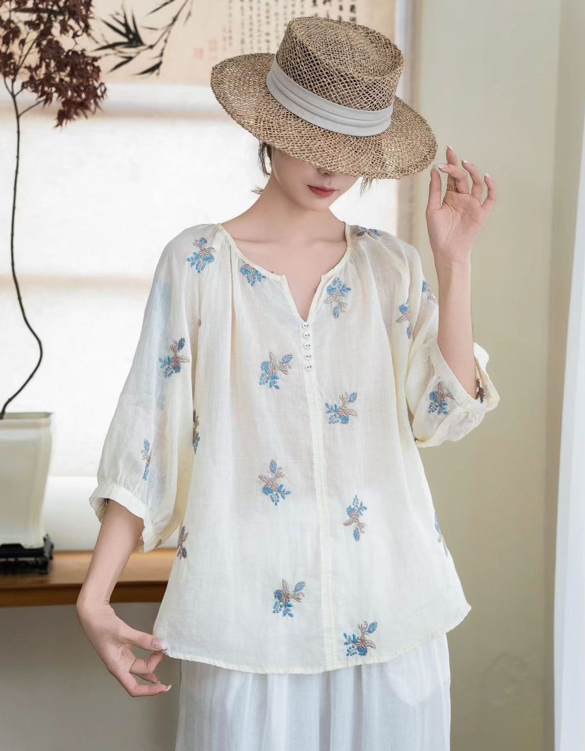 Pink Cotton Embroidered Top Women Loose Fit Summer Blouse