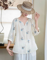 Pink Cotton Embroidered Top Women Loose Fit Summer Blouse