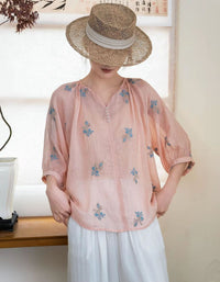 Women pink casual blouse with embroidery detail