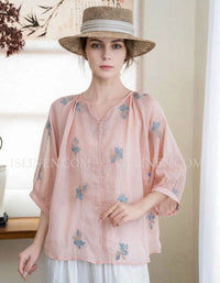 Women pink embroidered cotton blouse loose fit