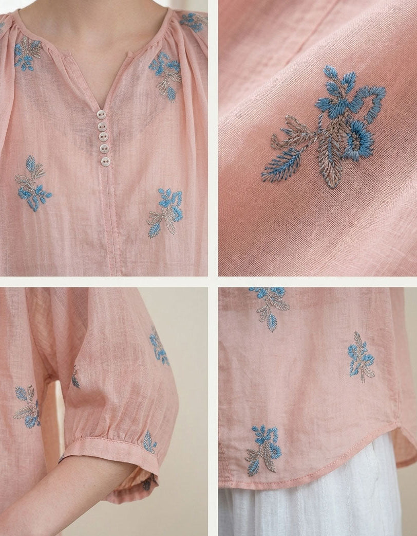Women Embroidered Pink Blouse Loose Cotton Casual Top
