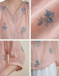 Women Embroidered Pink Blouse Loose Cotton Casual Top