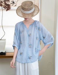Floral embroidered pink top women casual summer wear