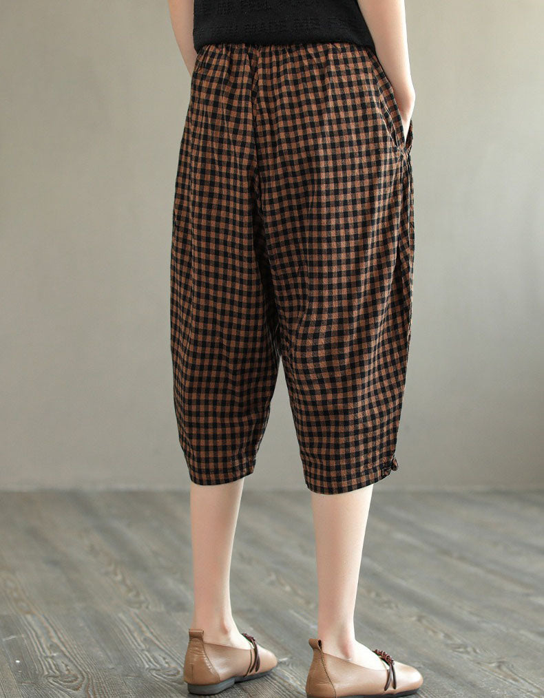 Elastic Waist Plaid Cropped Balloon Pants Women