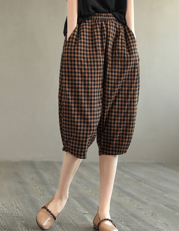 Casual Plaid Elastic Waist Cropped Pants Women