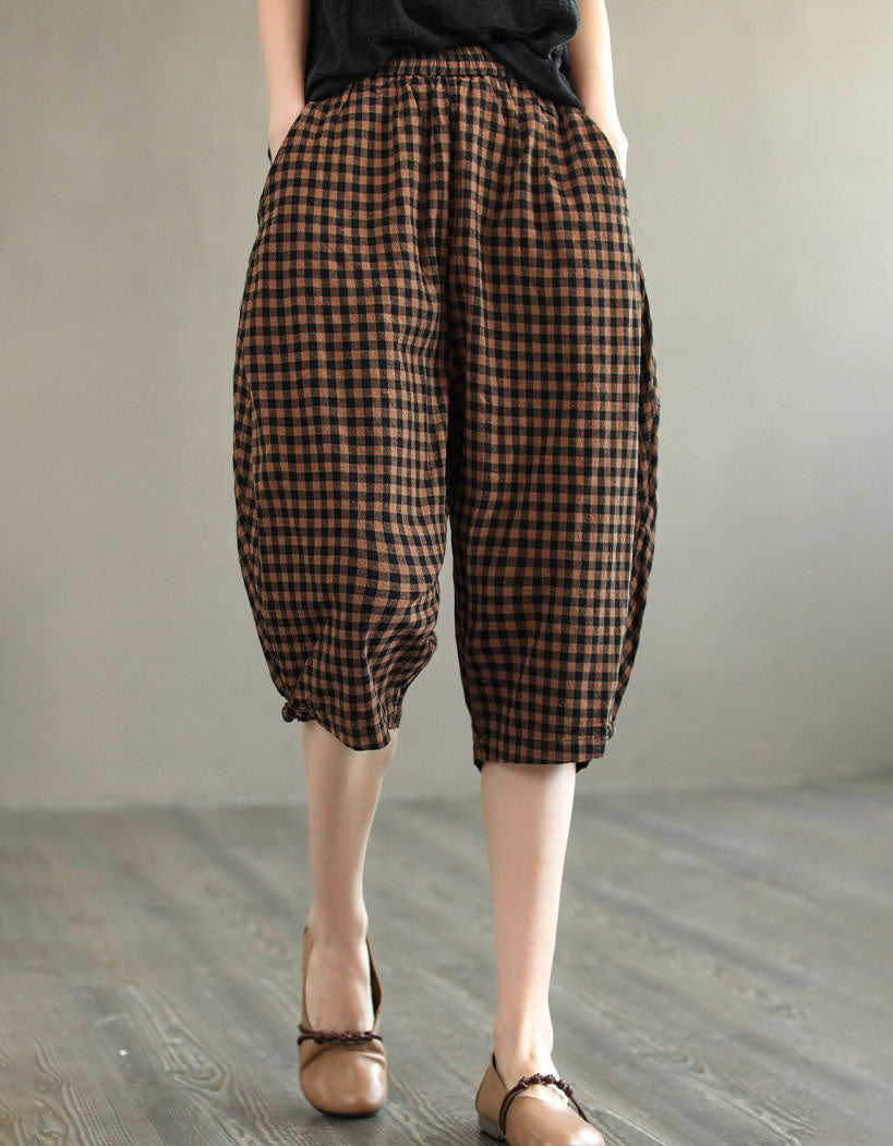 Vintage Checkered Wide Leg Cropped Pants Women