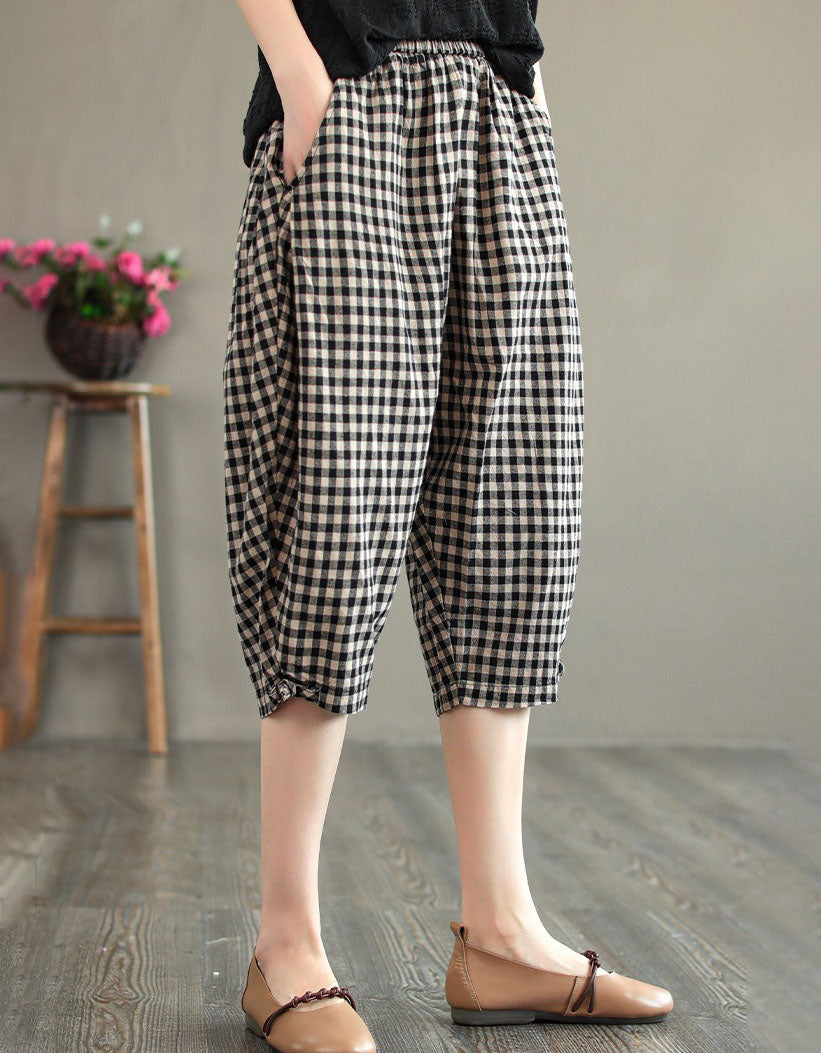 Women Japanese Style Plaid Cotton Linen Pants