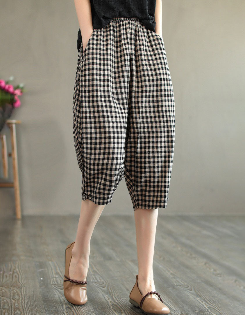Women Loose Fit Plaid Linen Cropped Harem Pants