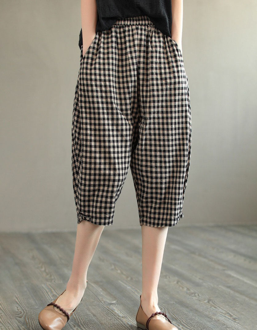 Women Vintage Plaid Cropped Harem Linen Pants