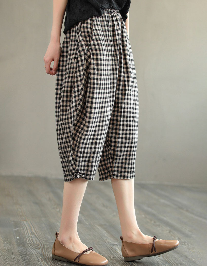Women Loose Plaid Capri Linen Blend Pants Casual