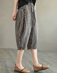 Women Loose Plaid Capri Linen Blend Pants Casual