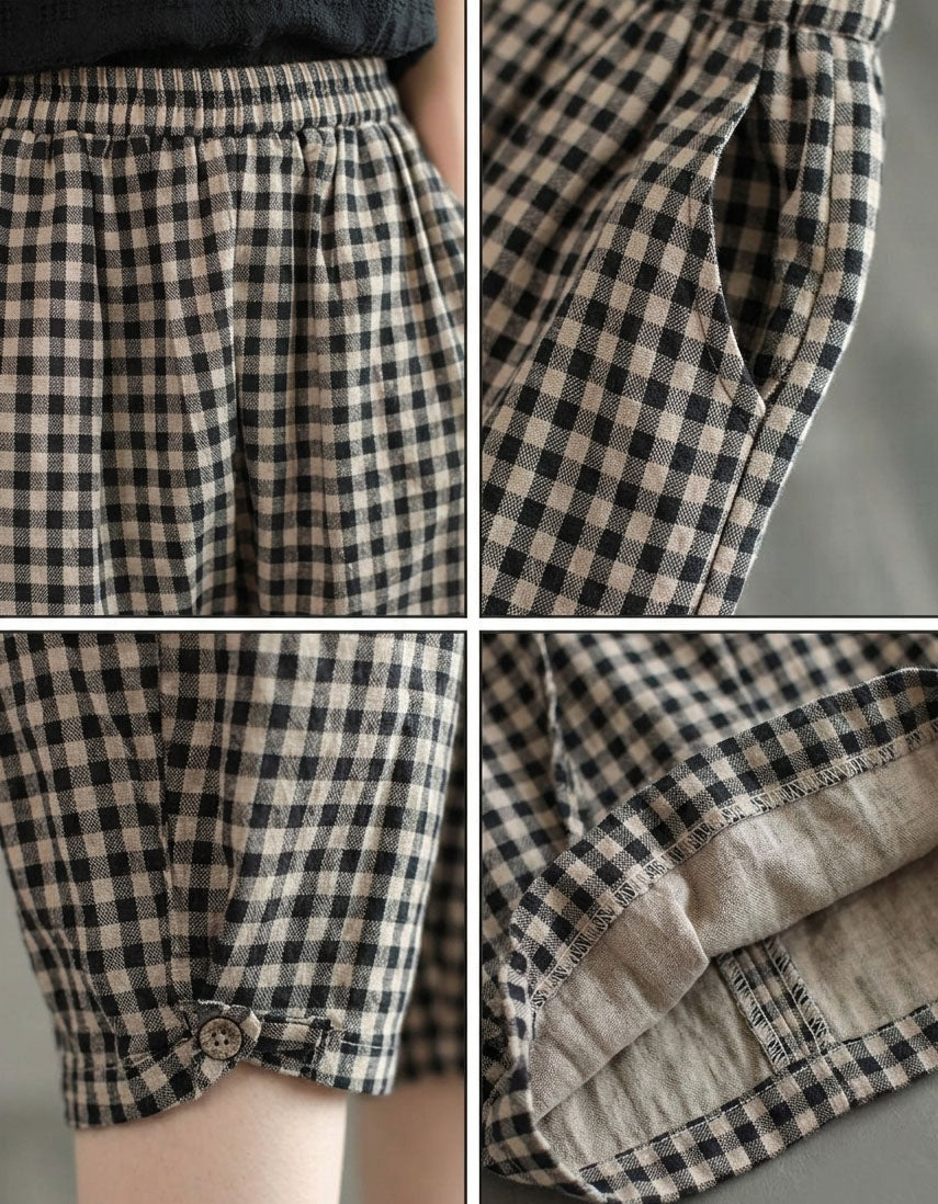 Women wearing vintage plaid cropped harem pants with elastic waist