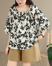 Vintage Botanical Print Oversized Women's Casual Blouse