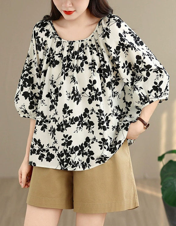 Vintage Botanical Print Oversized Women's Casual Blouse