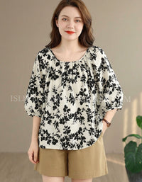 Women Black Floral Print Casual Loose Summer Blouse Top