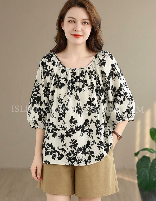 Women Black Floral Print Casual Loose Summer Blouse Top