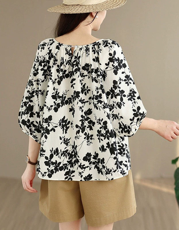 Women's Vintage Floral Gathered Neck Casual Summer Top