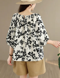 Women's Vintage Floral Gathered Neck Casual Summer Top