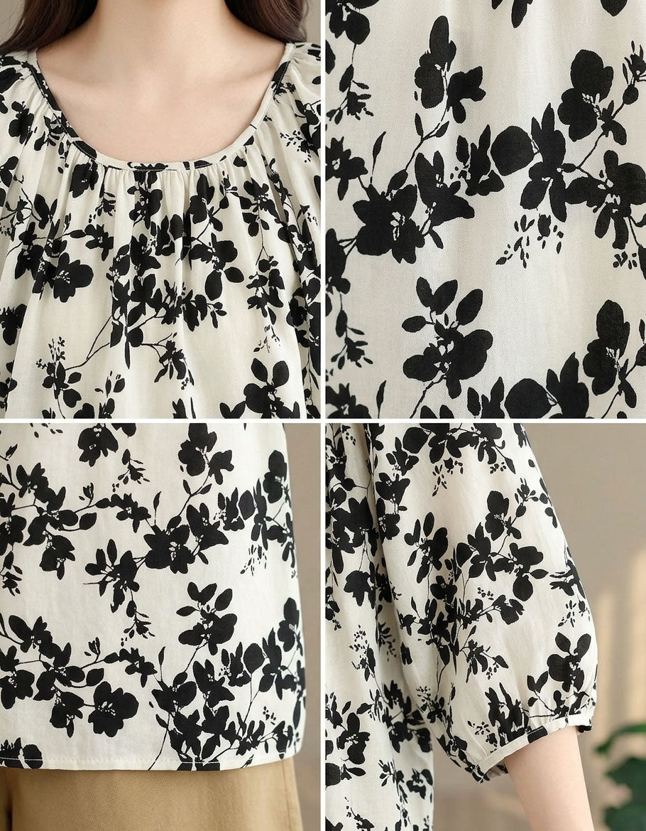 Loose Fit Black White Floral Bohemian Blouse for Women