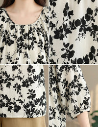 Loose Fit Black White Floral Bohemian Blouse for Women