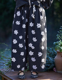 Black Floral Print Wide Leg Pants for Women Casual