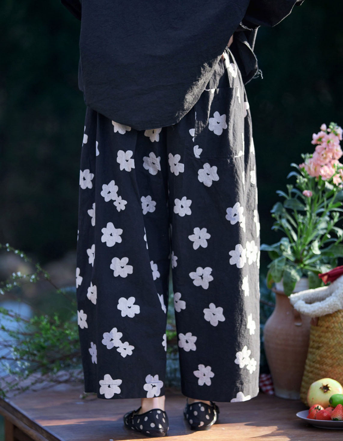 Women Vintage Black Floral High Waist Cotton Palazzo Pants