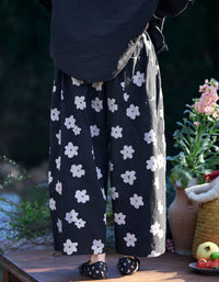 Women Vintage Black Floral High Waist Cotton Palazzo Pants