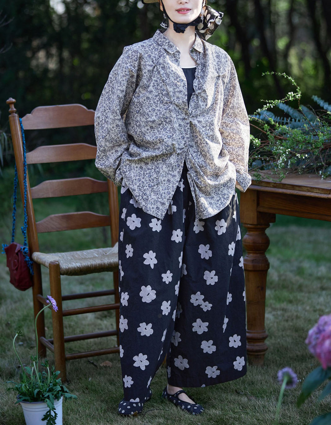 Japanese Style Floral Wide Leg Pants for Women