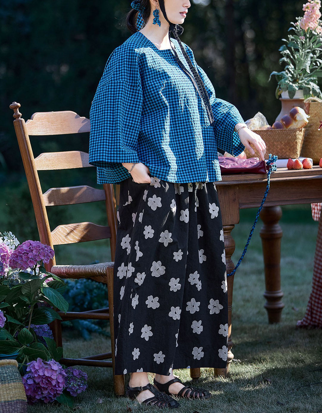 Retro Flower Print Loose Fit Palazzo Pants Women