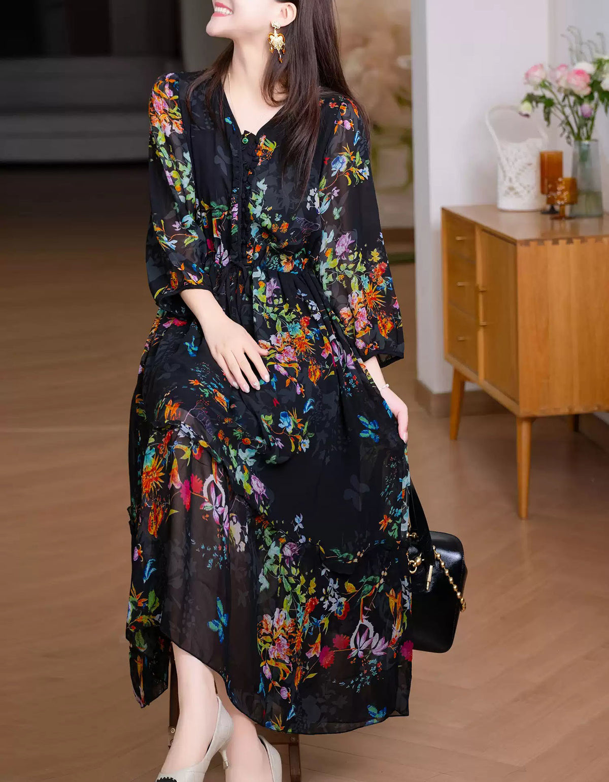 Flowy Floral Chiffon Dress for Women – Casual Elegant Midi Dress