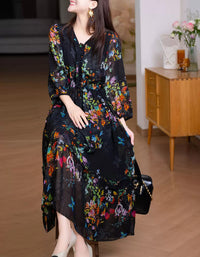 Flowy Floral Chiffon Dress for Women – Casual Elegant Midi Dress