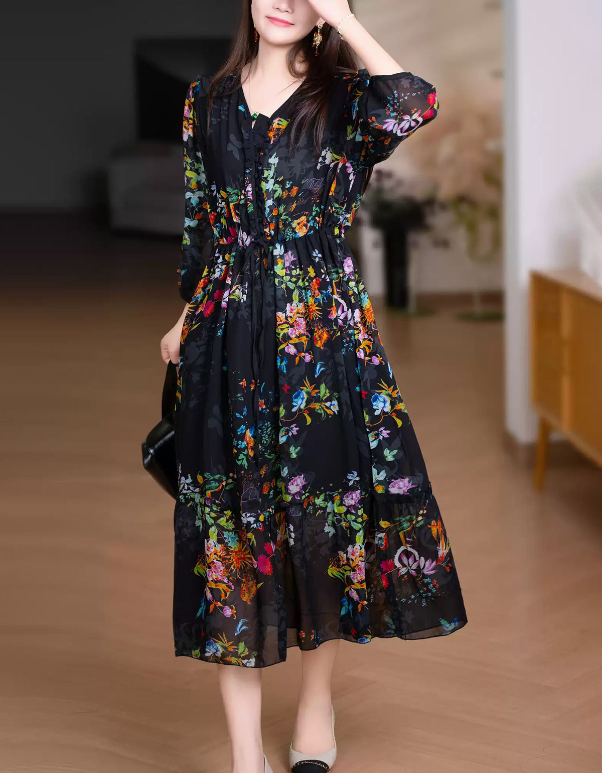 Vintage Floral Print Midi Dress – Lightweight Bohemian Summer Dress