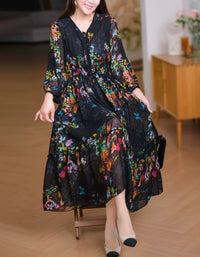 Women’s Black Floral Midi Dress – Romantic Boho Long Sleeve Dress