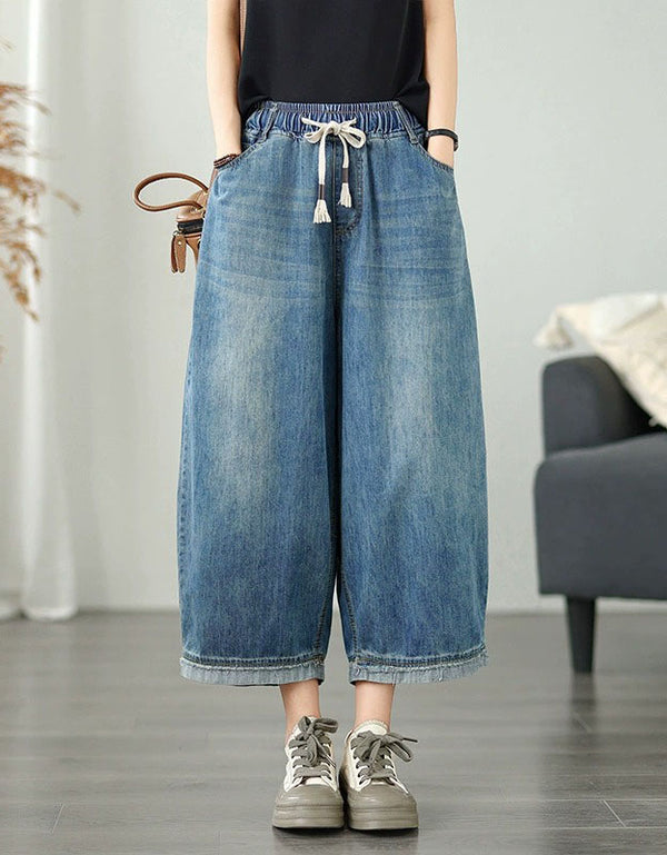Women's Relaxed Fit Wide Leg Cropped Denim Pants