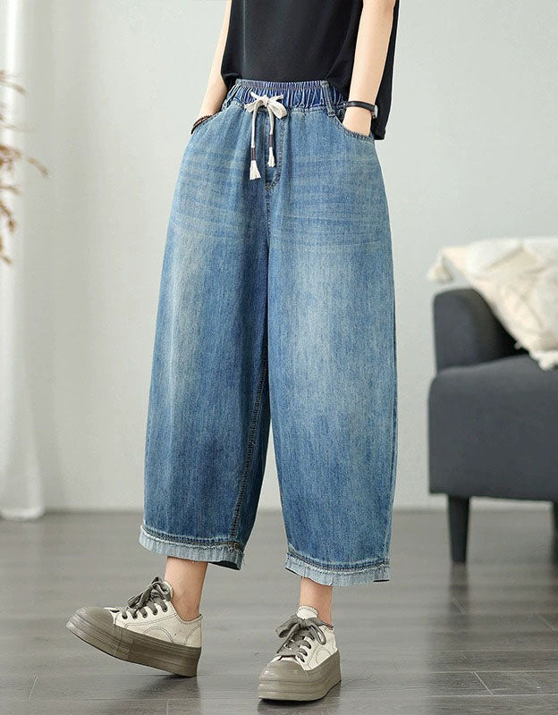 Loose Fit Cropped Denim Pants with Drawstring Waist
