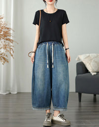 Vintage Wash Drawstring Wide Leg Jeans for Women