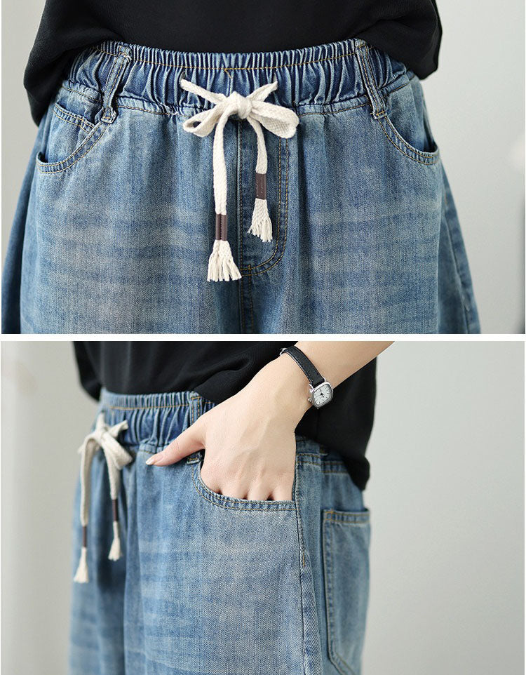 Women's Vintage Blue Wide Leg Denim Capri Pants