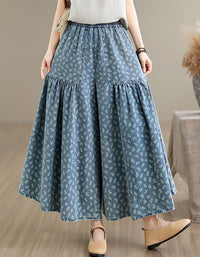 Women's blue floral denim wide leg cropped pants