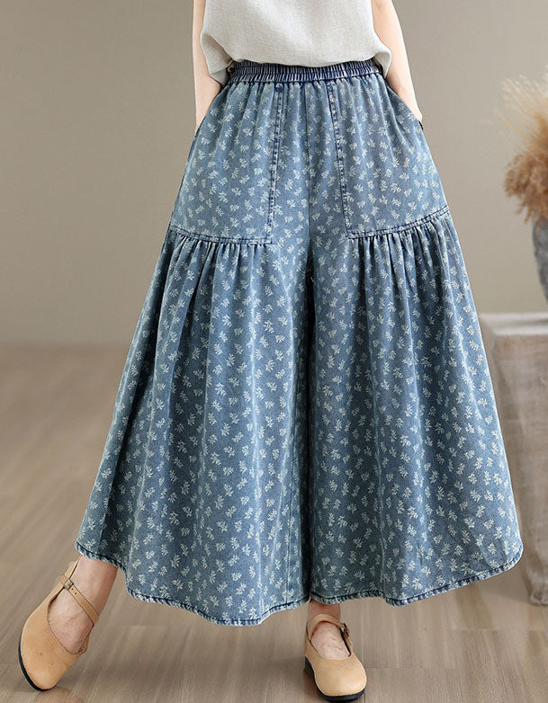 Women's floral print denim pants with elastic waistband