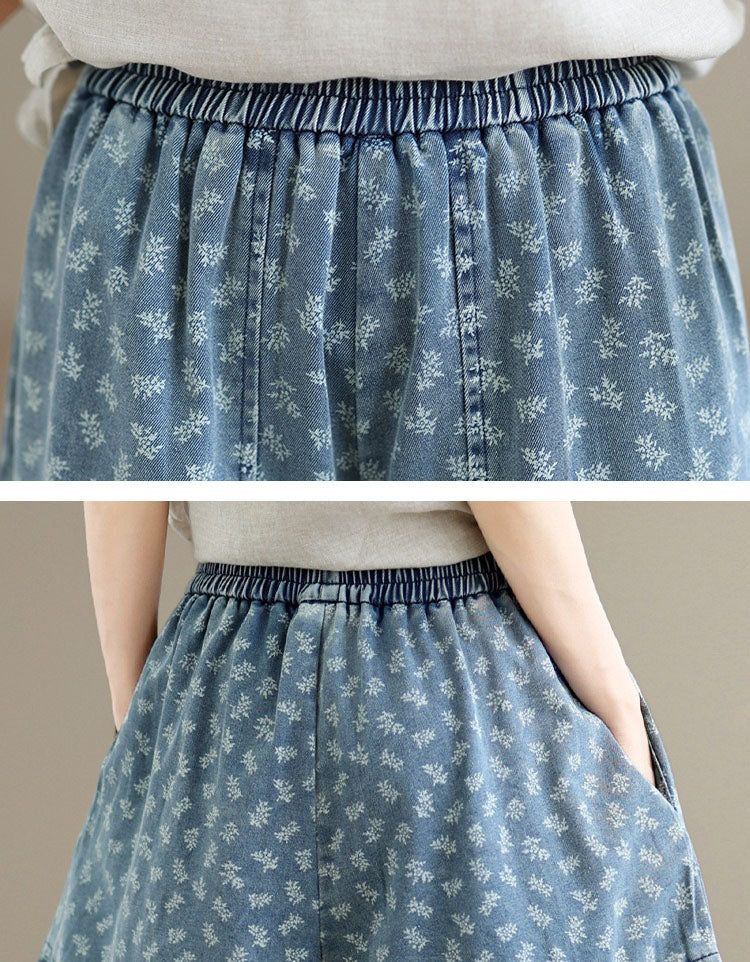 Women's Blue Floral Denim Wide Leg Cropped Pants for Women