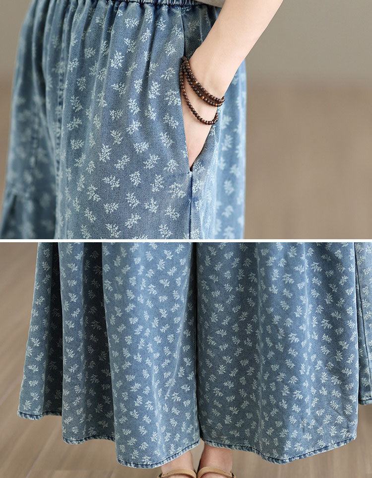 Women's Floral Print Denim Cropped Wide Leg Pants