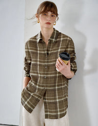 Women's Brown Plaid Linen Button Down Shirt