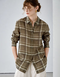 Women's Vintage Plaid Linen Long Sleeve Blouse