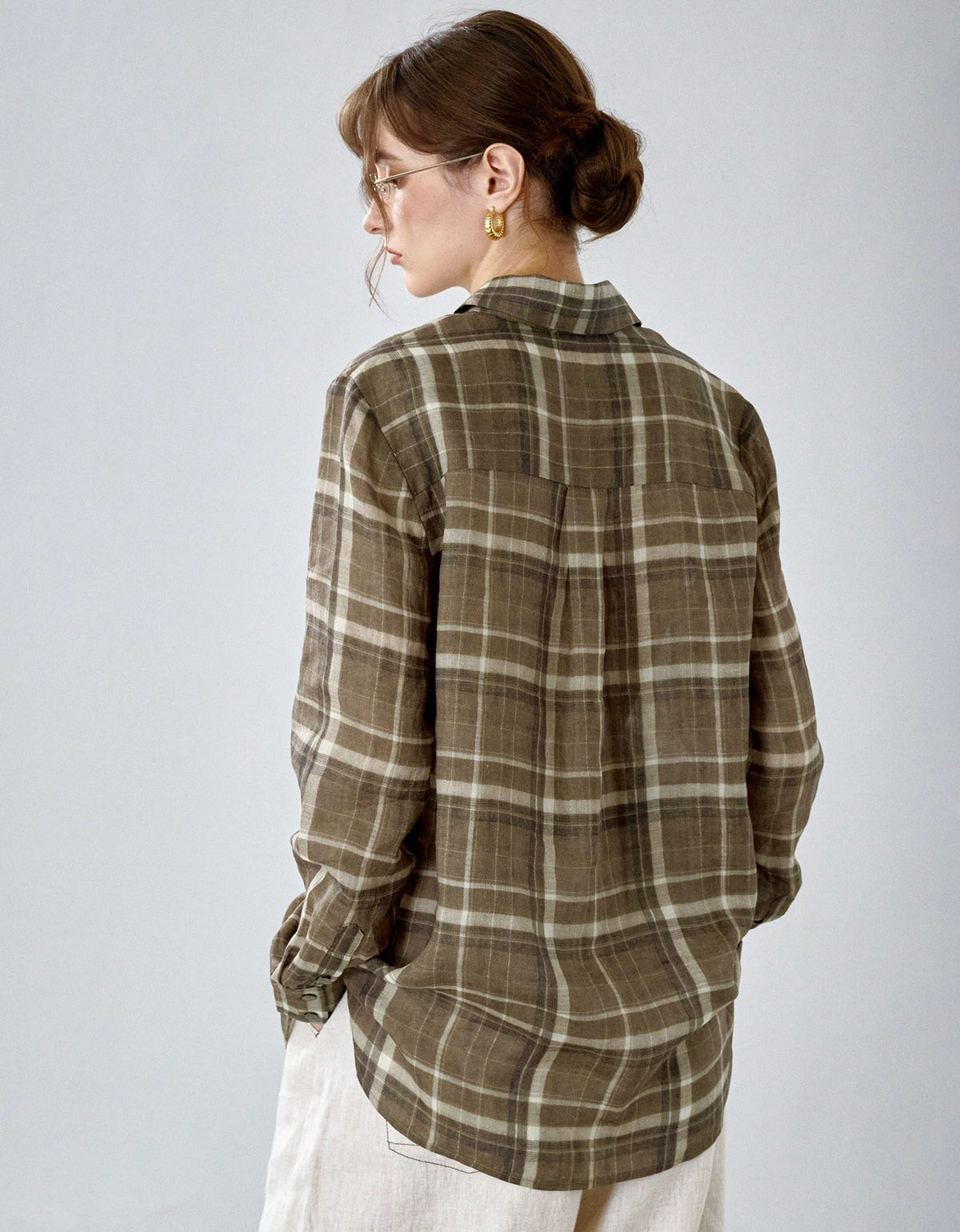Women's Casual Brown Check Linen Shirt