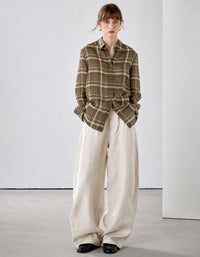 Women's Relaxed Fit Plaid Linen Button-Up Blouse