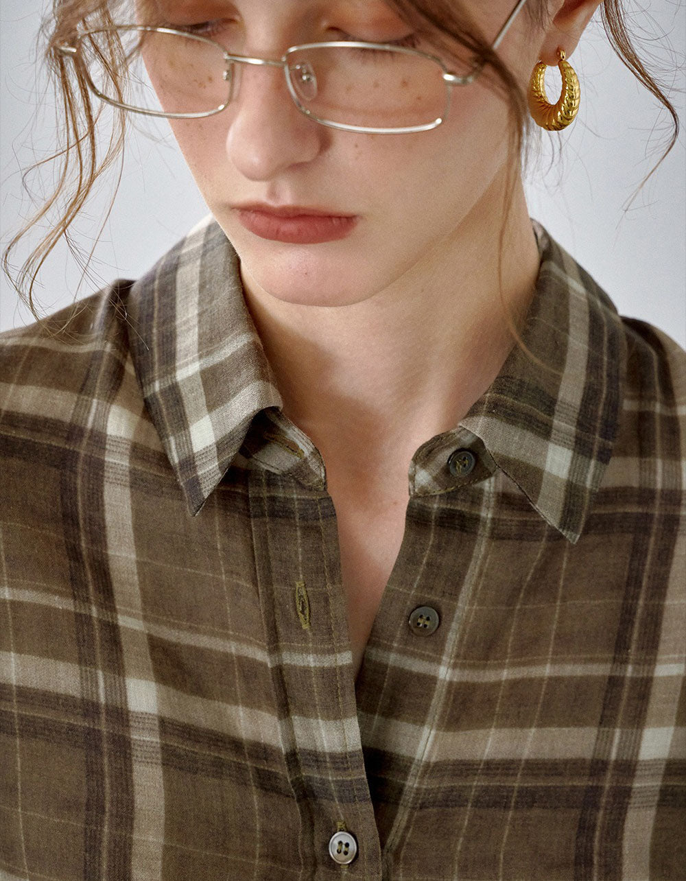 Women's Loose Fit Brown Plaid Linen Blouse