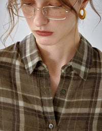 Women's Loose Fit Brown Plaid Linen Blouse