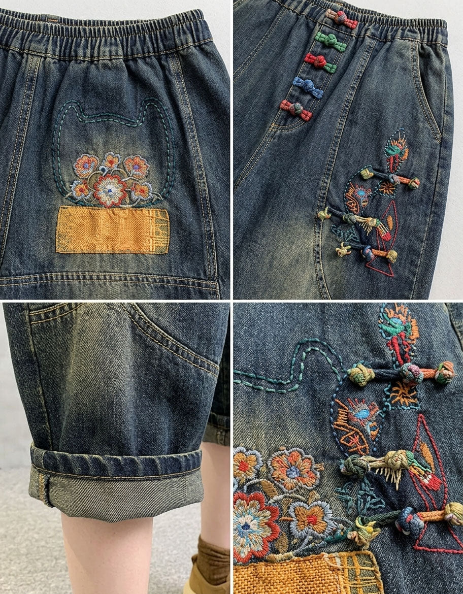 Women’s Casual Washed Denim Shorts with Patch Design