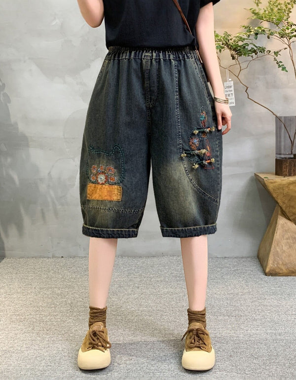 Women’s Vintage Embroidered Denim Knee Length Pants