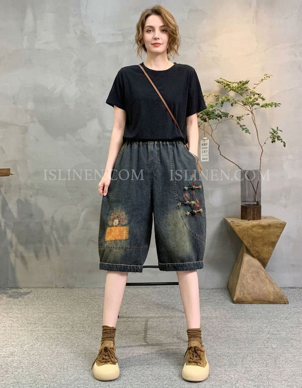 Loose Fit Embroidered Denim Shorts for Women Casual